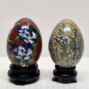 Cloisonné Floral Egg Oriental Asian Traditional Vintage Decor w Stands Set of 2